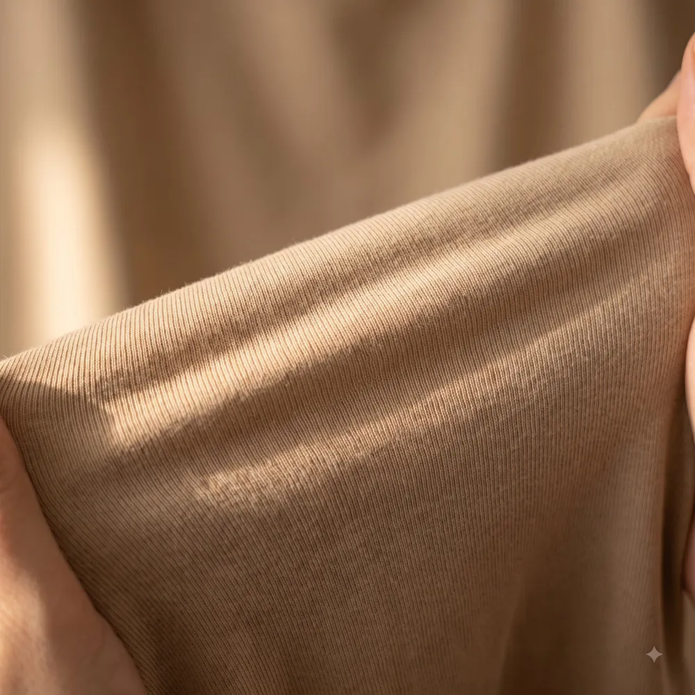 Sand cotton-lycra jersey being stretched