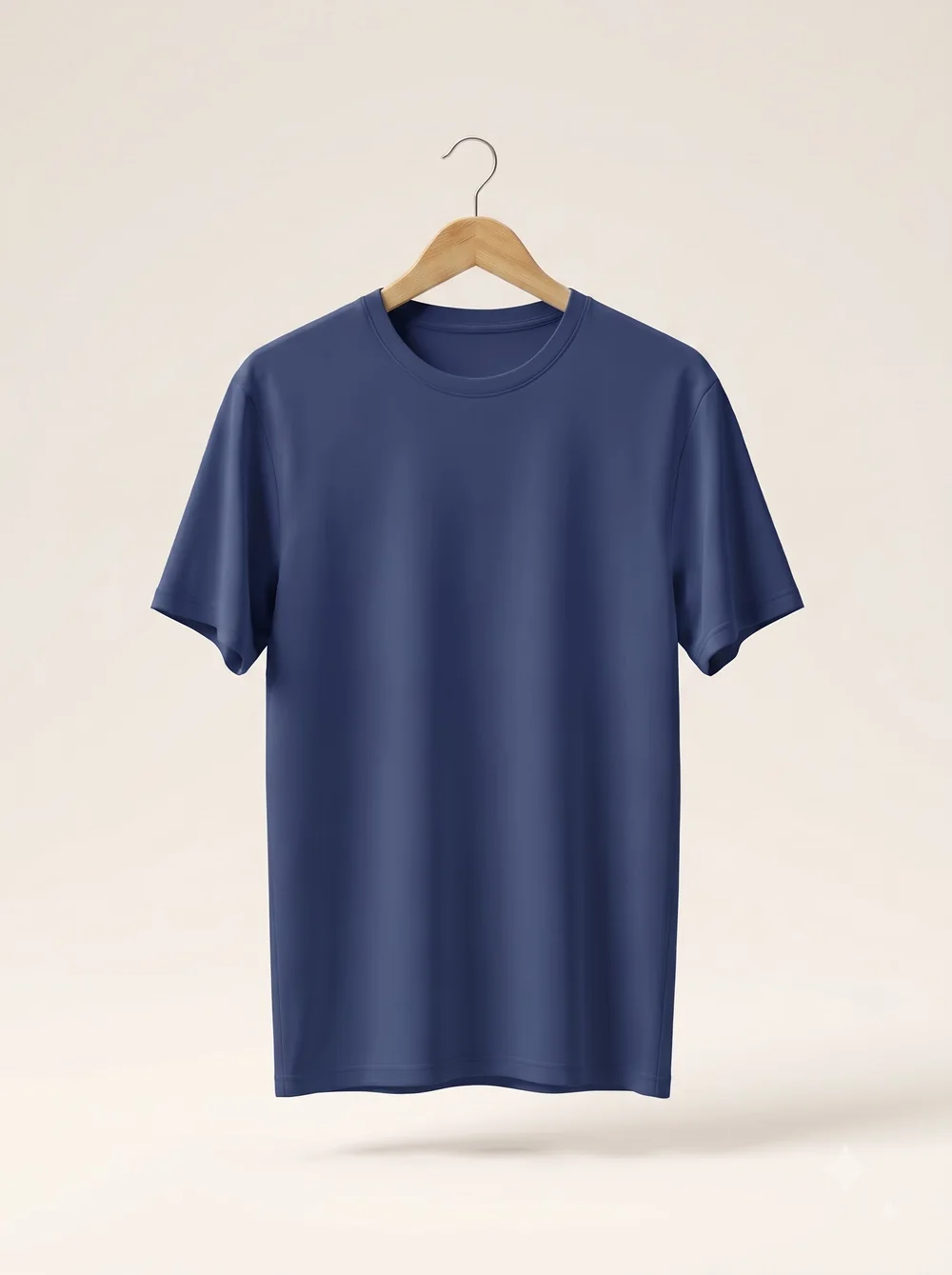 Blank indigo t-shirt on a wooden hanger