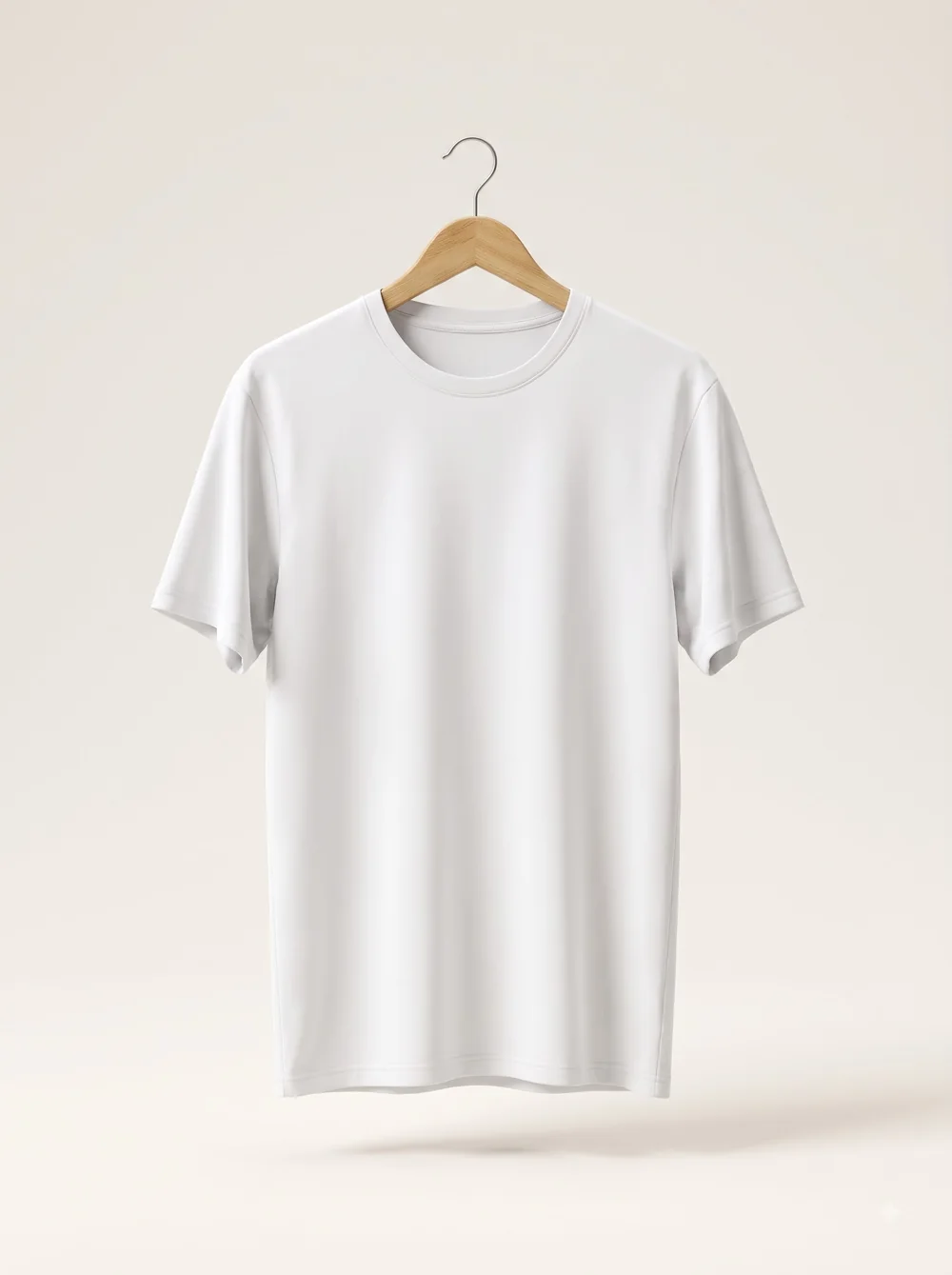Blank premium white t-shirt on a wooden hanger