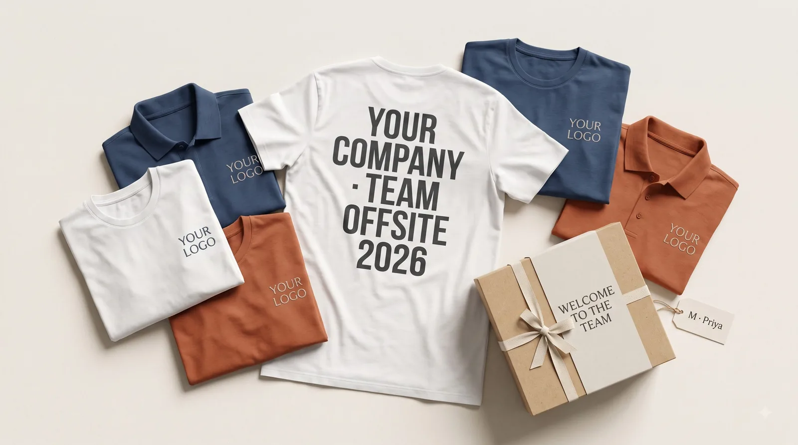 Corporate t-shirts and polos with embroidered company logo and an onboarding gift box