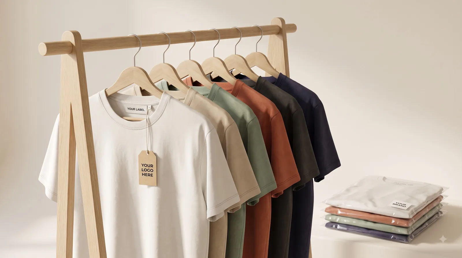 Rail of private-label t-shirts with custom neck labels, hang tags and branded polybags