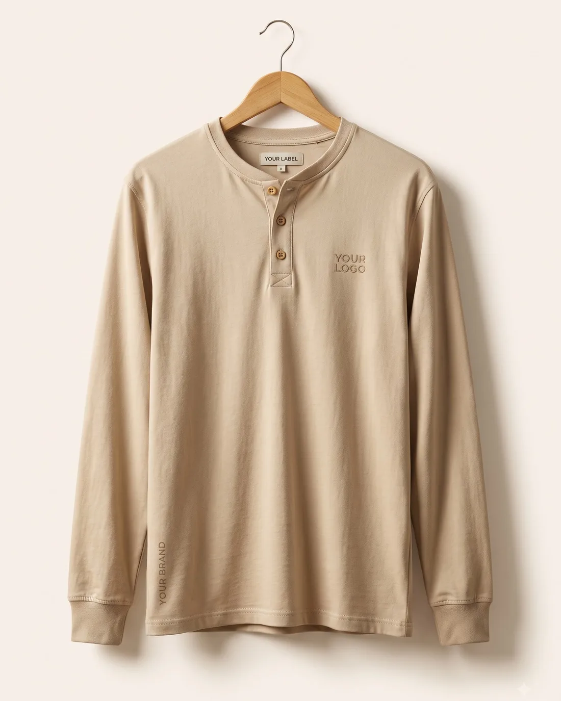 Sand full-sleeve henley with tonal logo placeholder